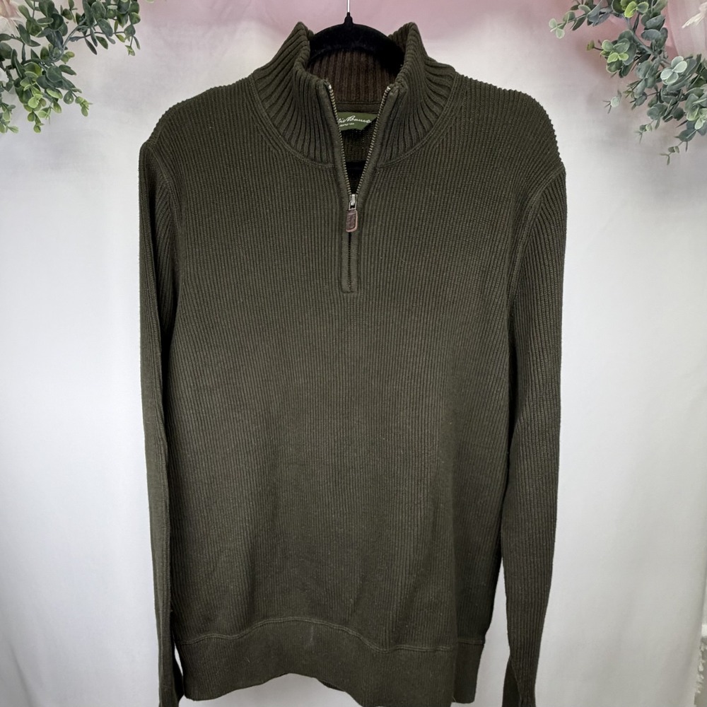 Eddie Bauer Men's Size L Green Knit Long Sleeve 1/4 Zip Pullover Sweater